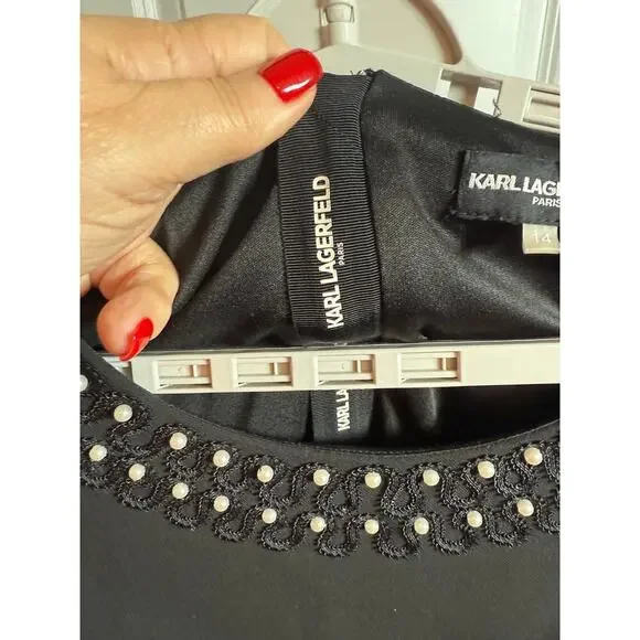 Karl Lagerfeld Paris Black Pearl Embellished Dress Bell Sleeve Women’s Size 14 - Picture 15 of 15
